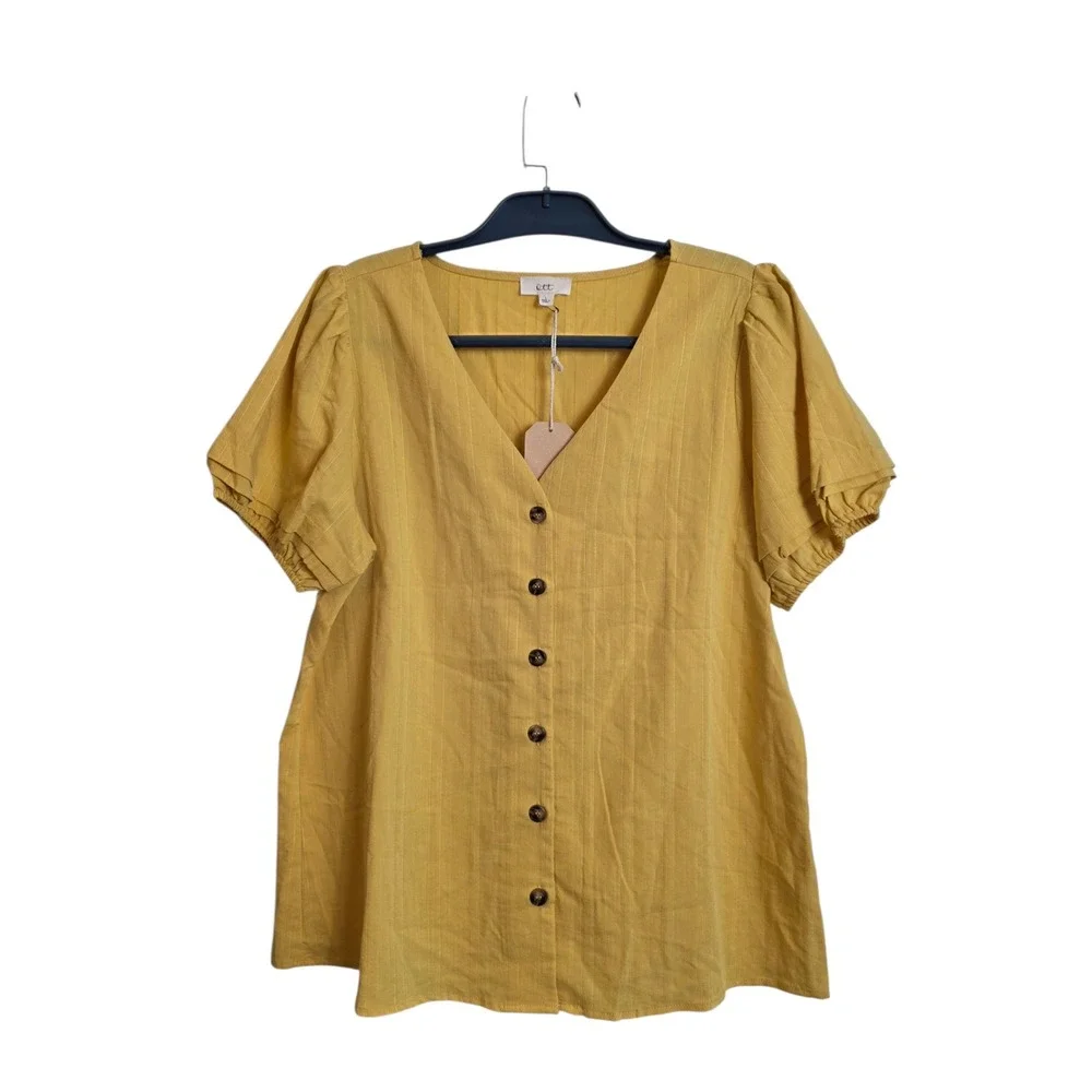 Ott Womens Mustard Yellow Button Front Puff Sleeve Blouse Large NEW - Picture 3 of 13